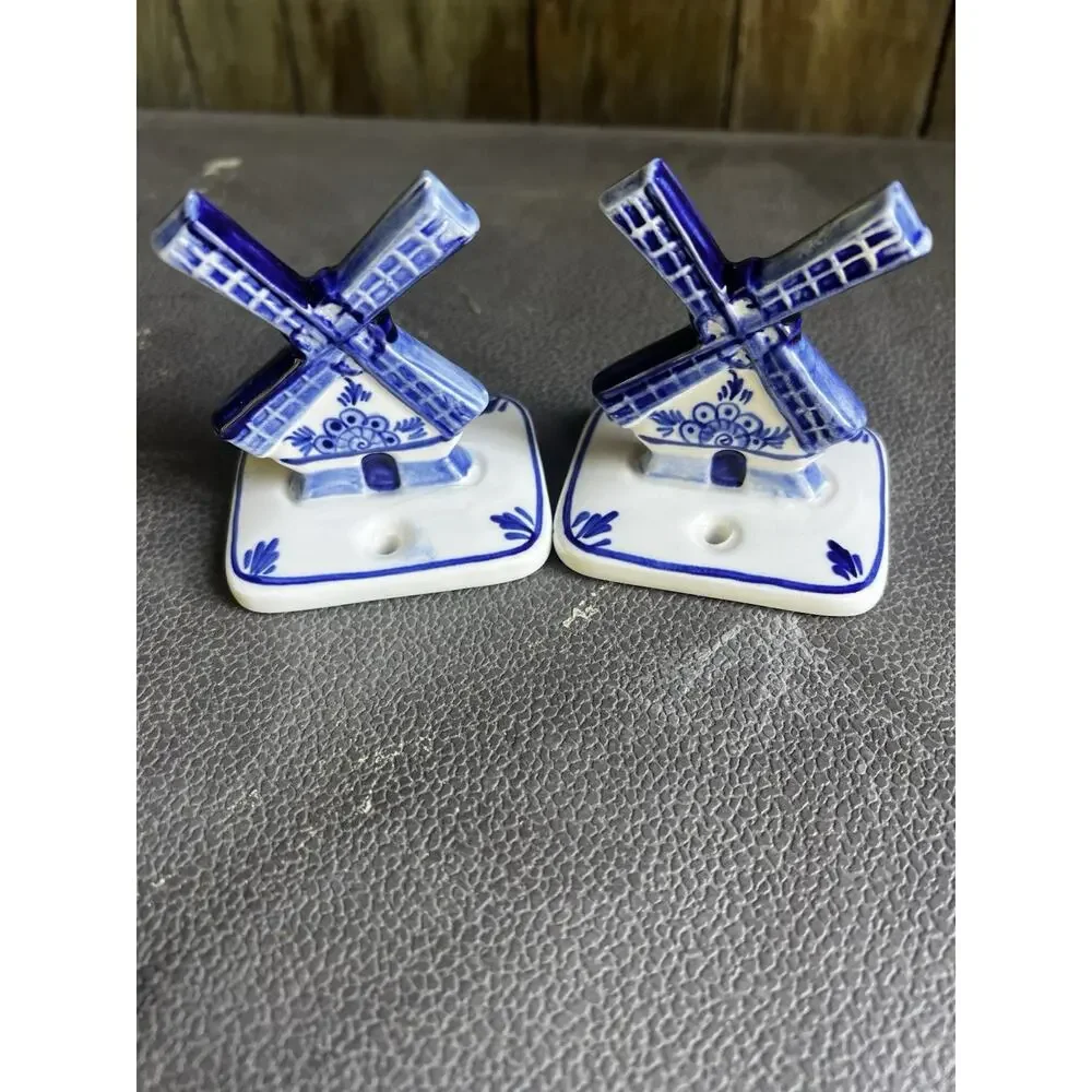 VTG Delft Blue Windmill Ceramic Mounts Pair Towel Hooks Brackets Cottage Core
